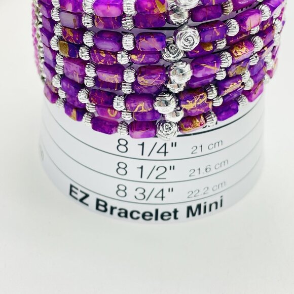 Beaded Cuff Bracelet Silver Tone Pink Purple Memory Wire Boho Festival Party - Picture 4 of 6